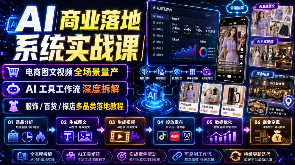 1ccce7d2d83443b598f873966fba366b.jpeg AI商业落地系统实战课|电商图文视频全场景量产・AI工具工作流深度拆解・服饰/百货/探店多品类落地教程