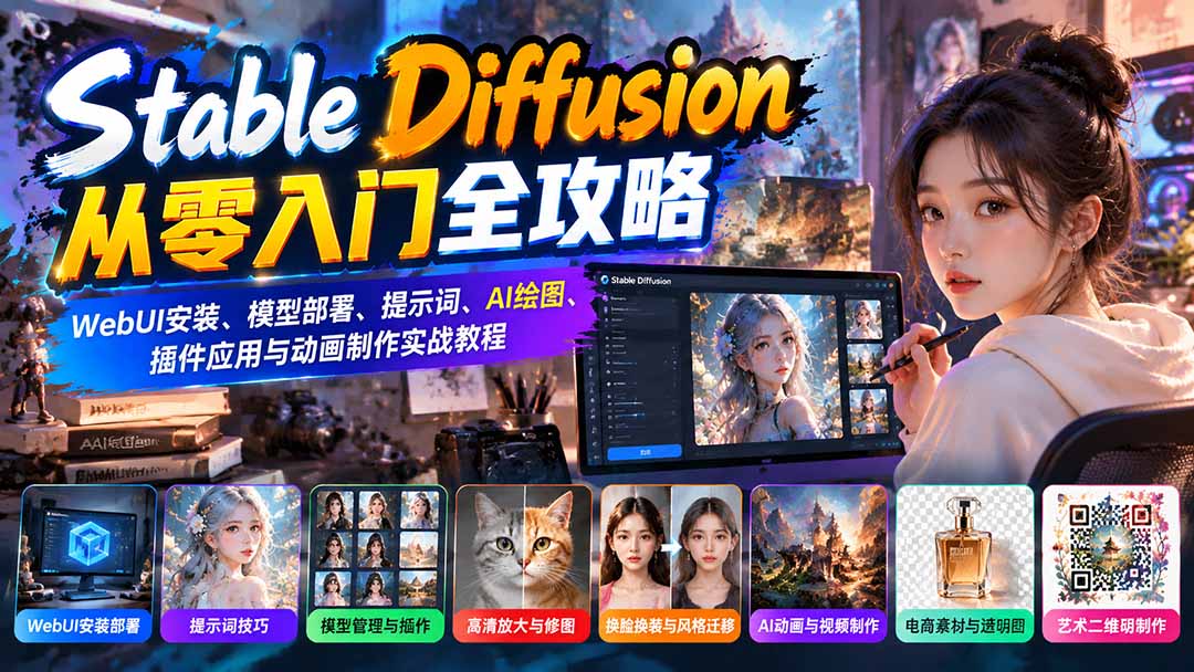 1cdd0bb83c84a5cdfa24ff3df81945d9.jpeg Stable Diffusion从零入门全攻略:WebUI安装、模型部署、提示词、AI绘图、插件应用与动画制作实战教程