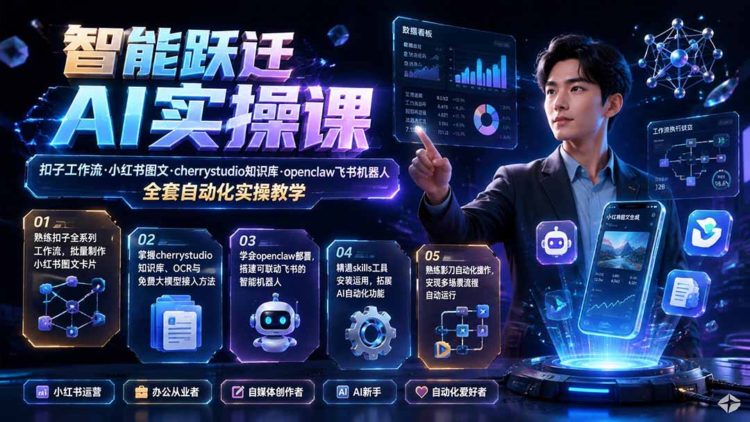 智能跃迁 AI实操课|扣子工作流小红书图文搭建,cherrystudio知识库openclaw飞书机器人全套自动化实操教学-鼎铸网