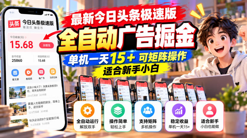 最新今日头条极速版全自动广告掘金，单机一天15+可矩阵操作适合新手小白-鼎铸网