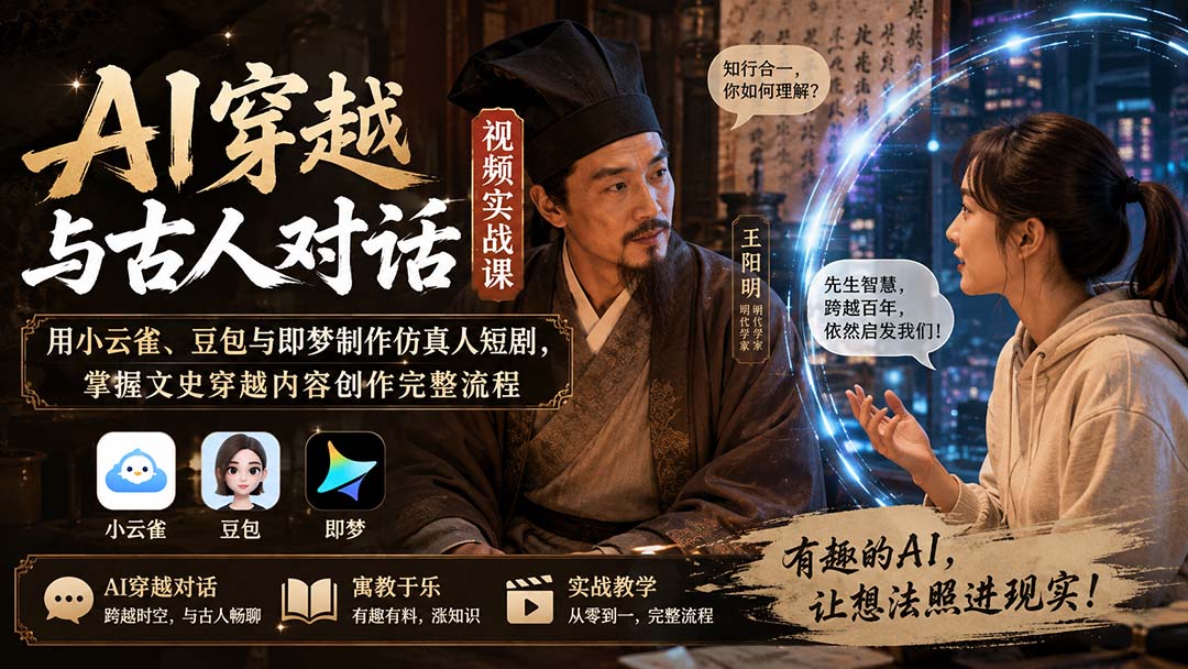 1dcb855566bf8a351ffeb089baf2e6f0.jpeg AI穿越与古人对话视频实战课:用小云雀、豆包与即梦制作仿真人短剧,掌握文史穿越内容创作完整流程