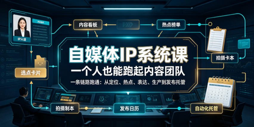 1e25b8f6a19dded276ee3b0a7a2aeb44.jpeg 自媒体IP系统课,一个人也能跑起内容团队,一条链路跑通,从定位、热点、表达、生产到发布托管