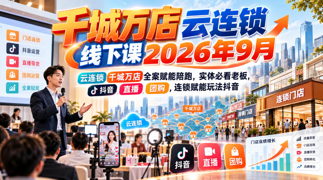 千城万店云连锁线下课2026年9月,云连锁千城万店全案赋能陪跑,实体必看老板,抖音,直播,团购,连锁赋能玩法抖音-鼎铸网