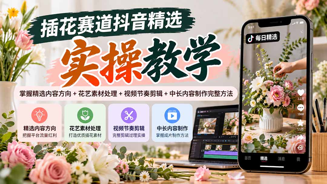 插花赛道抖音精选实操教学：掌握精选内容方向+花艺素材处理+视频节奏剪辑+中长内容制作完整方法-鼎铸网