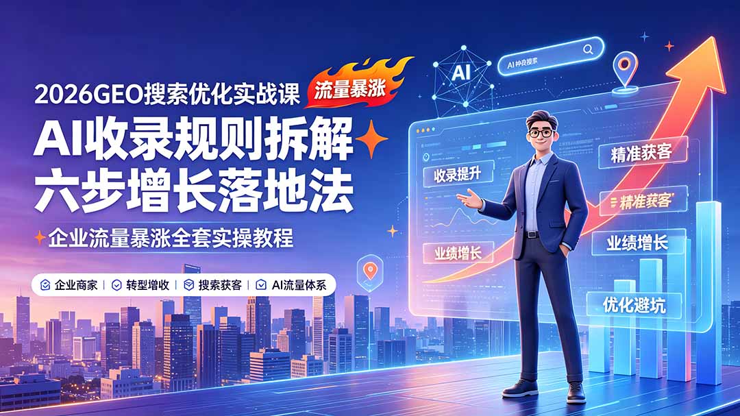 1e9b26b5fac58cb52e0186b6b761891b.jpeg 2026GEO搜索优化实战课:AI收录规则拆解|六步增长落地法|企业流量暴涨全套实操教程
