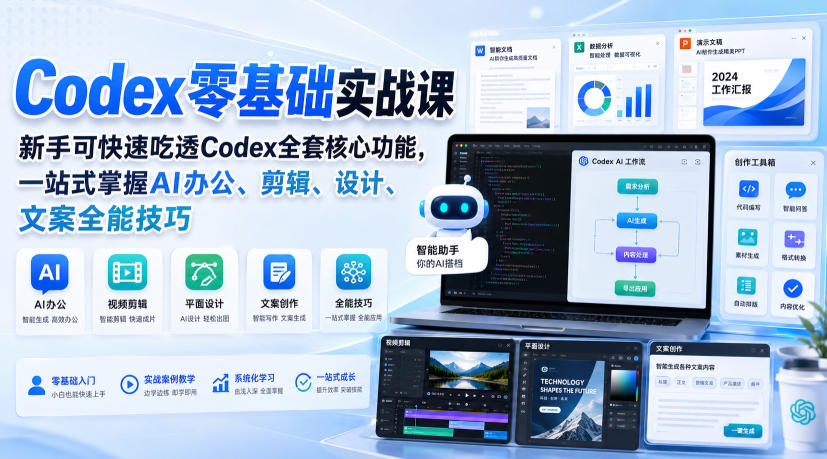 Codex零基础实战课，新手可快速吃透Codex全套核心功能，一站式掌握AI办公、剪辑、设计、文案全能技巧-鼎铸网