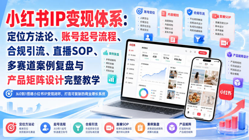 1ee8e2554c0e880f785ae7a07e83486a.jpeg 小红书IP变现体系:定位方法论、账号起号流程、合规引流、直播SOP、多赛道案例复盘与产品矩阵设计完整教学