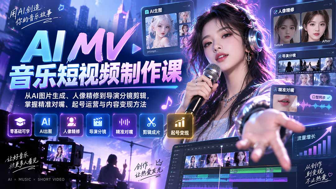AI MV音乐短视频制作课：从AI图片生成、人像精修到导演分镜剪辑，掌握精准对嘴、起号运营与内容变现方法-鼎铸网