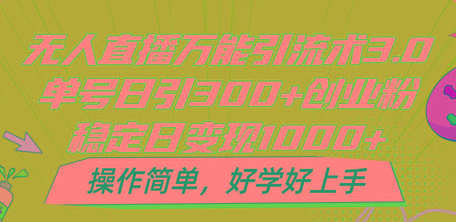 无人直播万能引流术3.0，单号日引300+创业粉，稳定日变现1000+，操作简单-鼎铸网