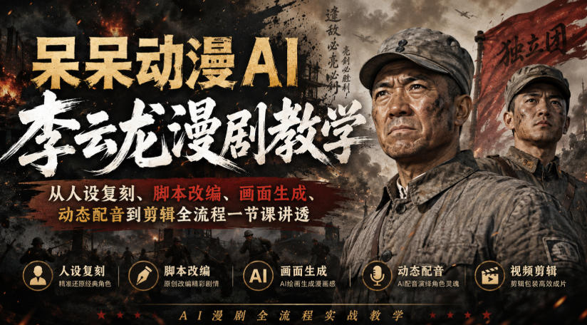 呆呆动漫AI李云龙漫剧教学，从人设复刻、脚本改编、画面生成、动态配音到剪辑全流程一节课讲透-鼎铸网