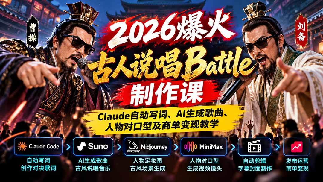1f77c2f33e9db1c875b5a339f3b7892c.jpeg 2026爆火古人说唱Battle制作课:Claude自动写词、AI生成歌曲、人物对口型及商单变现教学