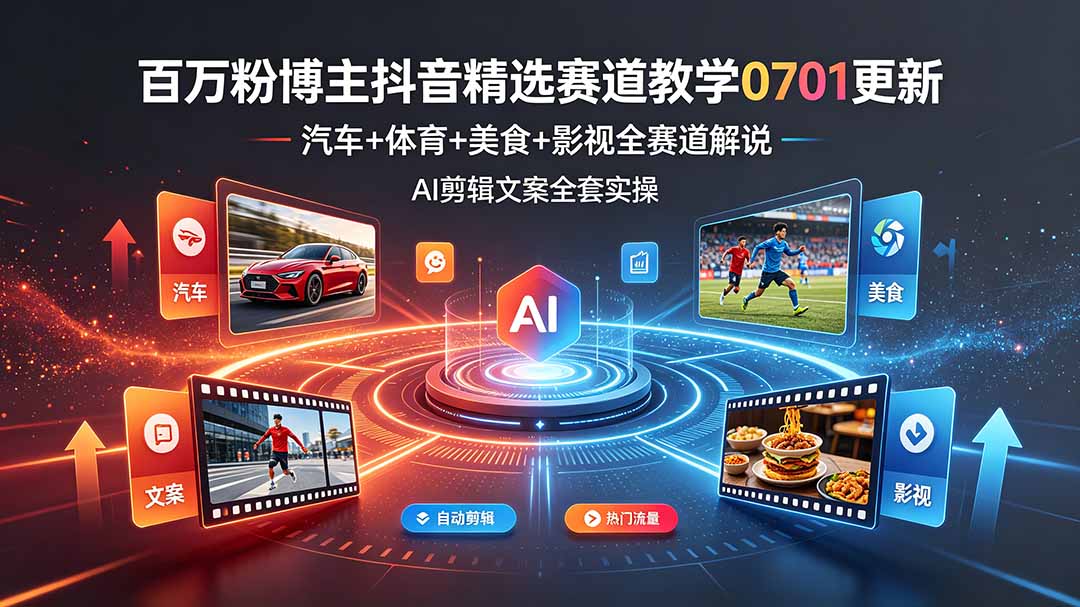 百万粉博主抖音精选赛道教学-0701更新，汽车+体育+美食+影视全赛道解说，AI剪辑文案全套实操-鼎铸网