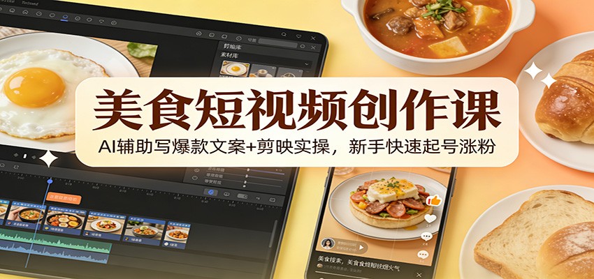 美食短视频创作课：AI辅助写爆款文案+剪映实操，新手快速起号涨粉-鼎铸网