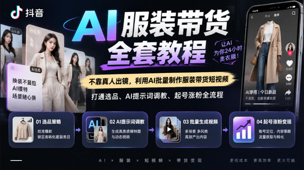 抖音AI服装带货全套教程,不靠真人出镜,利用AI批量制作服装带货短视频,打通选品、AI提示词调教、起号涨粉全流程-鼎铸网
