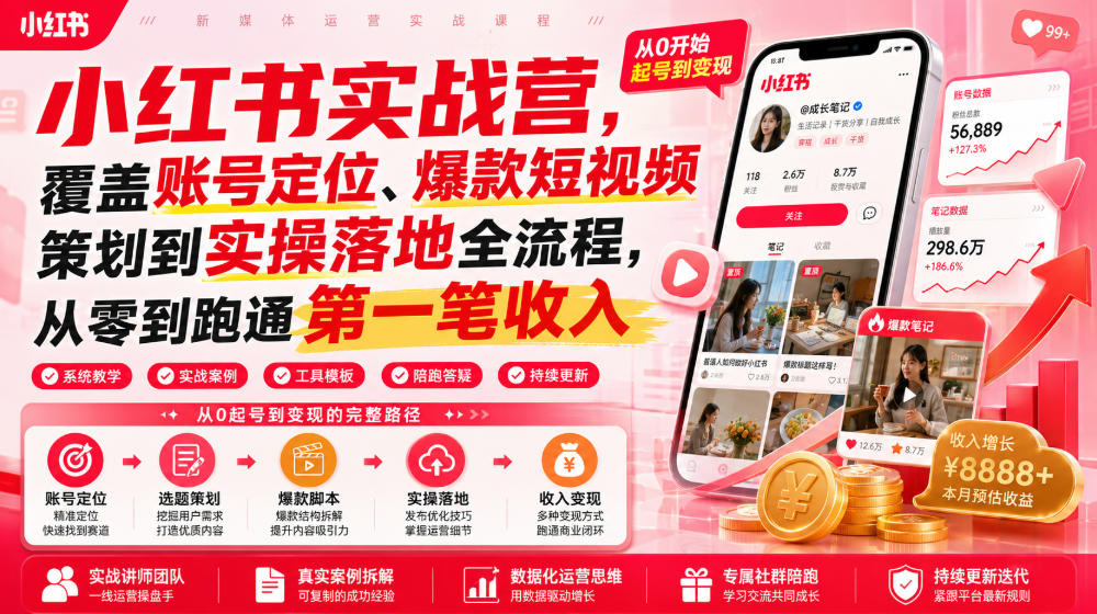 小红书实战营，覆盖账号定位、爆款短视频策划到实操落地全流程，从零到跑通第一笔收入-鼎铸网