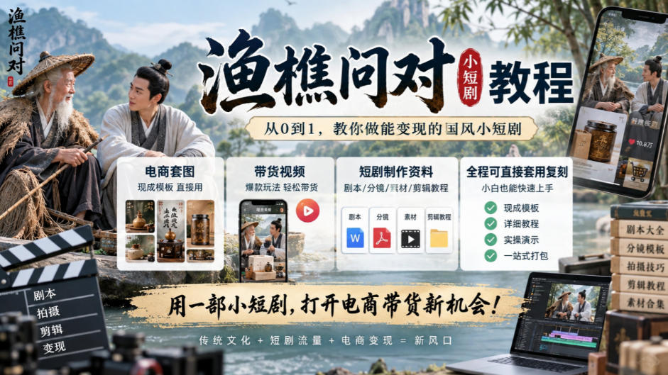 渔樵问对小短剧教程,包含电商套图、带货视频,短剧制作资料,全程可直接套用复刻-鼎铸网