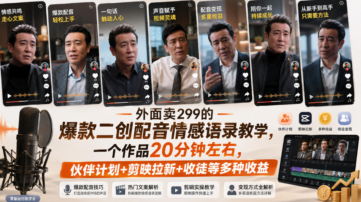 外面卖299的爆款二创配音情感语录教学，一个作品20分钟左右，伙伴计划+剪映拉新+收徒等多种收益-鼎铸网
