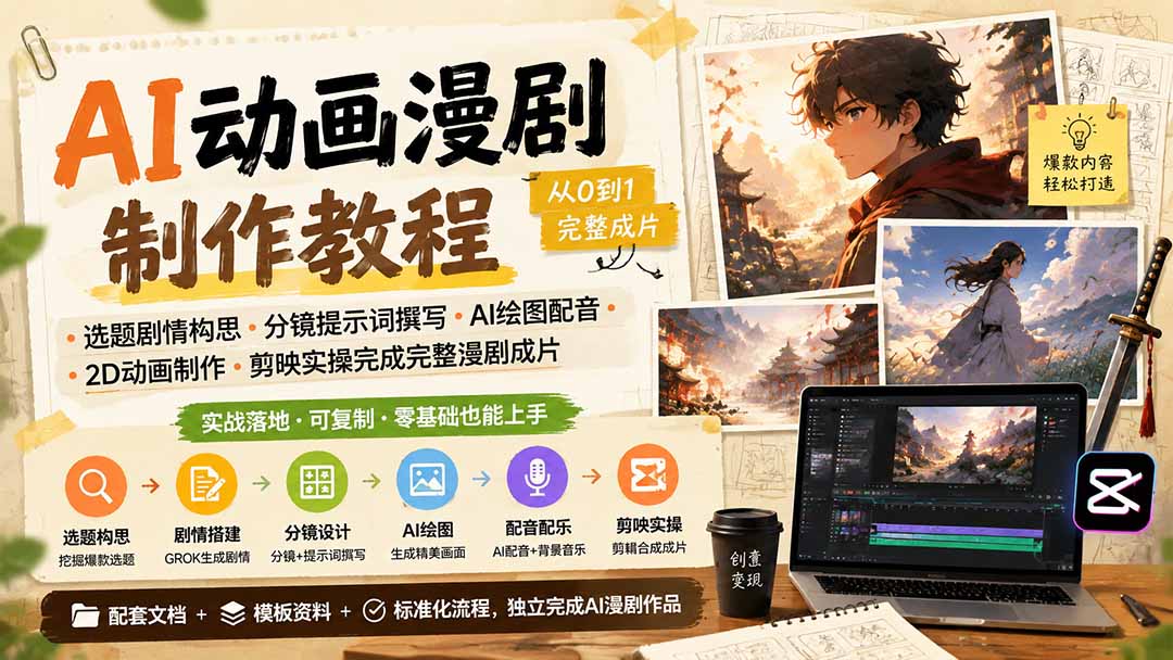 2153becef7c32f31a66f95b91d20ebc8.jpeg AI动画漫剧制作教程|选题剧情构思·分镜提示词撰写·AI绘图配音·2D动画制作·剪映实操完成完整漫剧成片