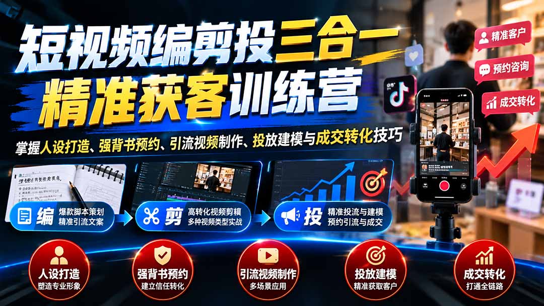 22ed9b474e3ddb0054f519a2ce9be4a8.jpeg 短视频编剪投三合一精准获客训练营:掌握人设打造、强背书预约、引流视频制作、投放建模与成交转化技巧