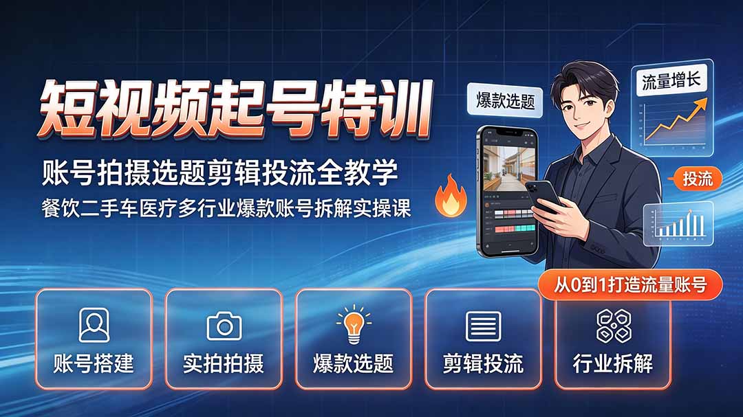 短视频起号特训|账号拍摄选题剪辑投流全教学,餐饮二手车医疗多行业爆款账号拆解实操课-鼎铸网