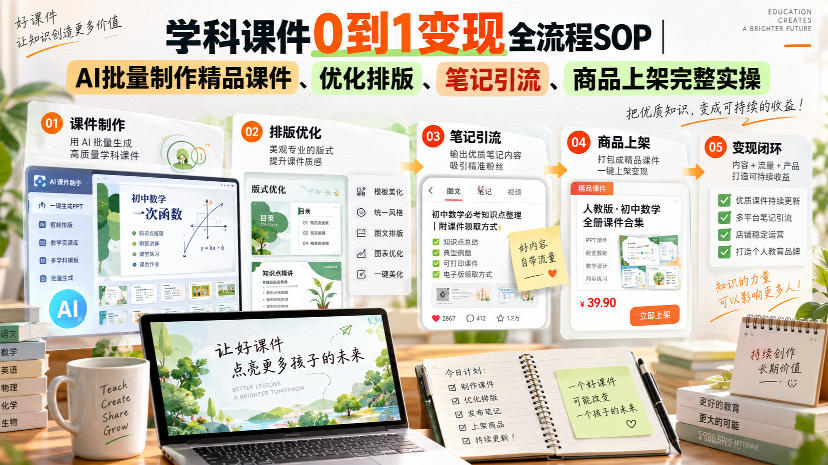 学科课件0到1变现全流程SOP｜AI批量制作精品课件、优化排版、笔记引流、商品上架完整实操​-鼎铸网