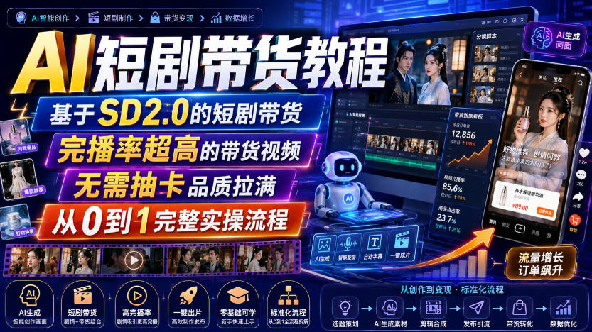 AI短剧带货教程，基于SD2.0的短剧带货，完播率超高的带货视频，无需抽卡品质拉满，从0到1完整实操流程-鼎铸网