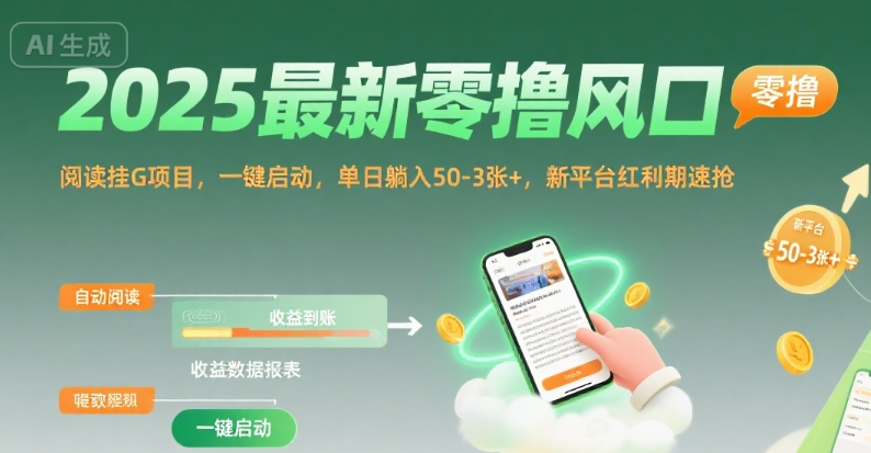 2025最新零撸风口,阅读挂G项目,一键启动,单日躺入 50-3张+,新平台红利期速抢【揭秘】-鼎铸网