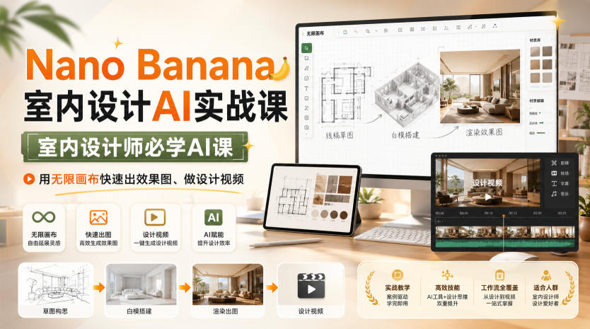 Nano Banana室内设计AI实战课，室内设计师必学AI课，用无限画布快速出效果图、做设计视频-鼎铸网