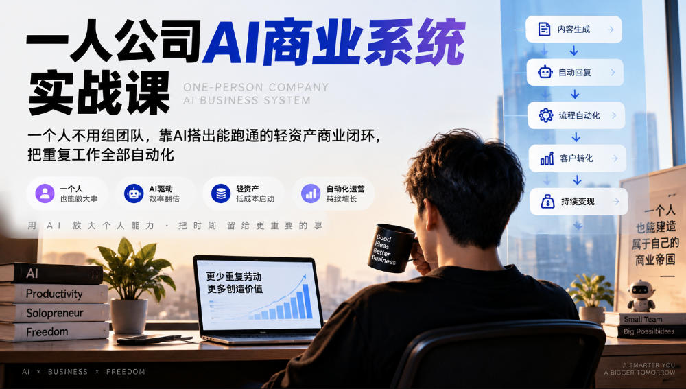 247d2bf022d4df5b6c1a71f11bc8cf85.jpeg 一人公司AI商业系统实战课,一个人不用组团队,靠AI搭出能跑通的轻资产商业闭环,把重复工作全部自动化