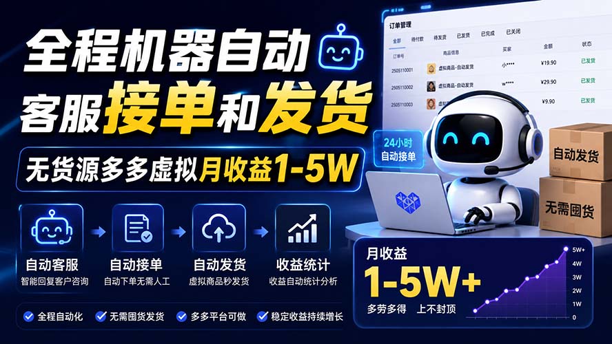 全程机器自动客服接单和发货，无货源多多虚拟月收益1-5W-鼎铸网