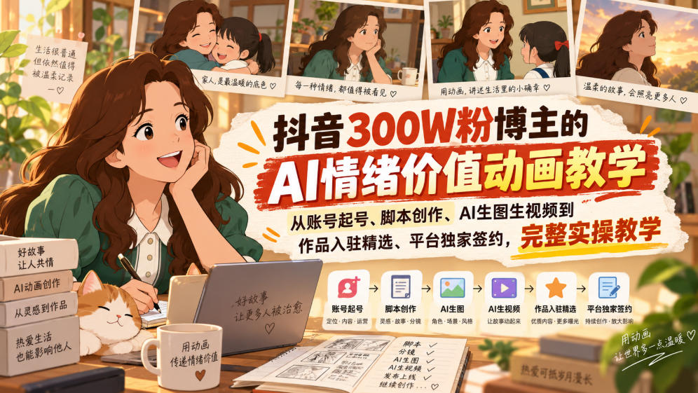 抖音300W粉博主的AI情绪价值动画教学，从账号起号、脚本创作、AI生图生视频到作品入驻精选、平台独家签约，完整实操-鼎铸网