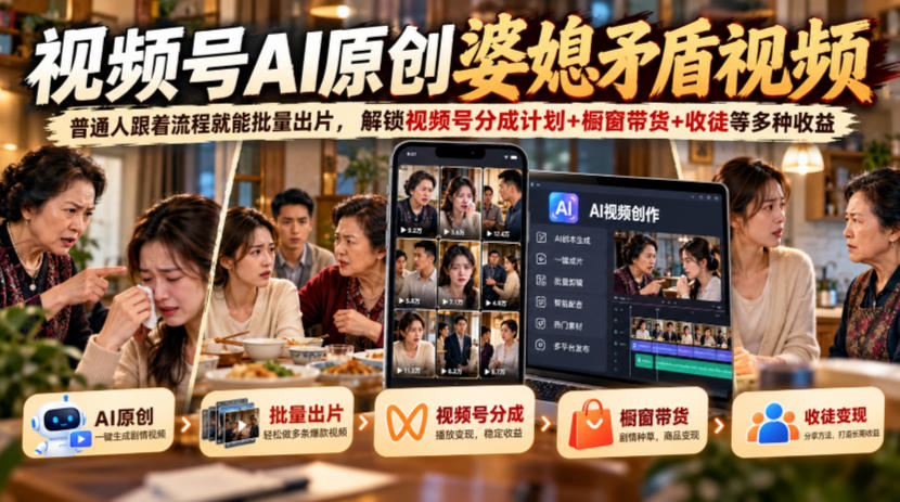 视频号ai原创婆媳矛盾视频，普通人跟着流程就能批量出片，解锁视频号分成计划+橱窗带货+收徒等多种收益-鼎铸网