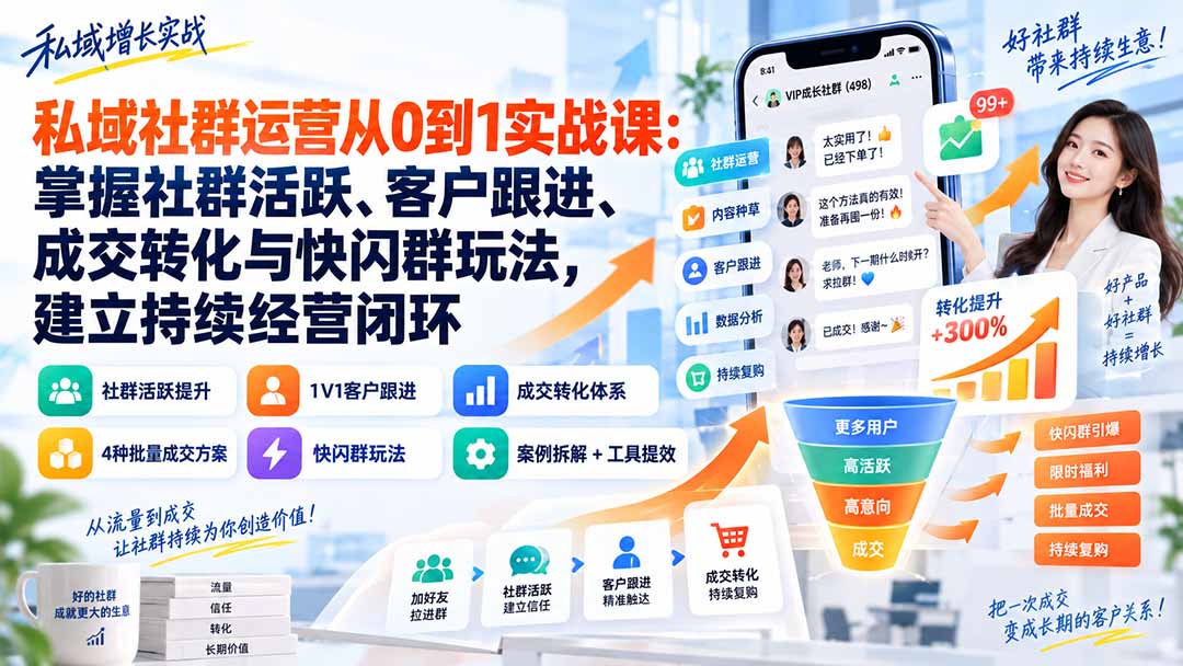 257f8ebff5f15db1afe2872798f153a5.jpeg 私域社群运营从0到1实战课:掌握社群活跃、客户跟进、成交转化与快闪群玩法,建立持续经营闭环