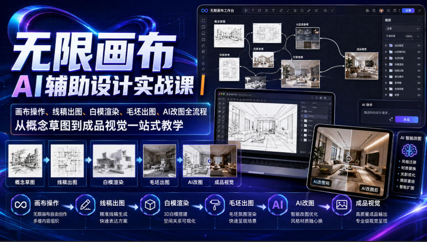 无限画布AI辅助设计实战课|画布操作、线稿出图、白模渲染、毛坯出图、AI改图全流程,从概念草图到成品视觉一站式教学-鼎铸网