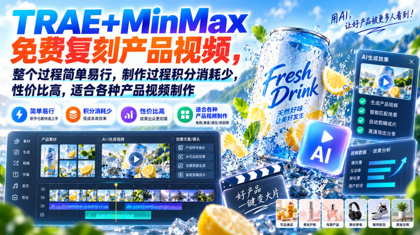 TRAE+MinMax免费复刻产品视频，整个过程简单易行，制作过程积分消耗少，性价比高，适合各种产品视频制作-鼎铸网