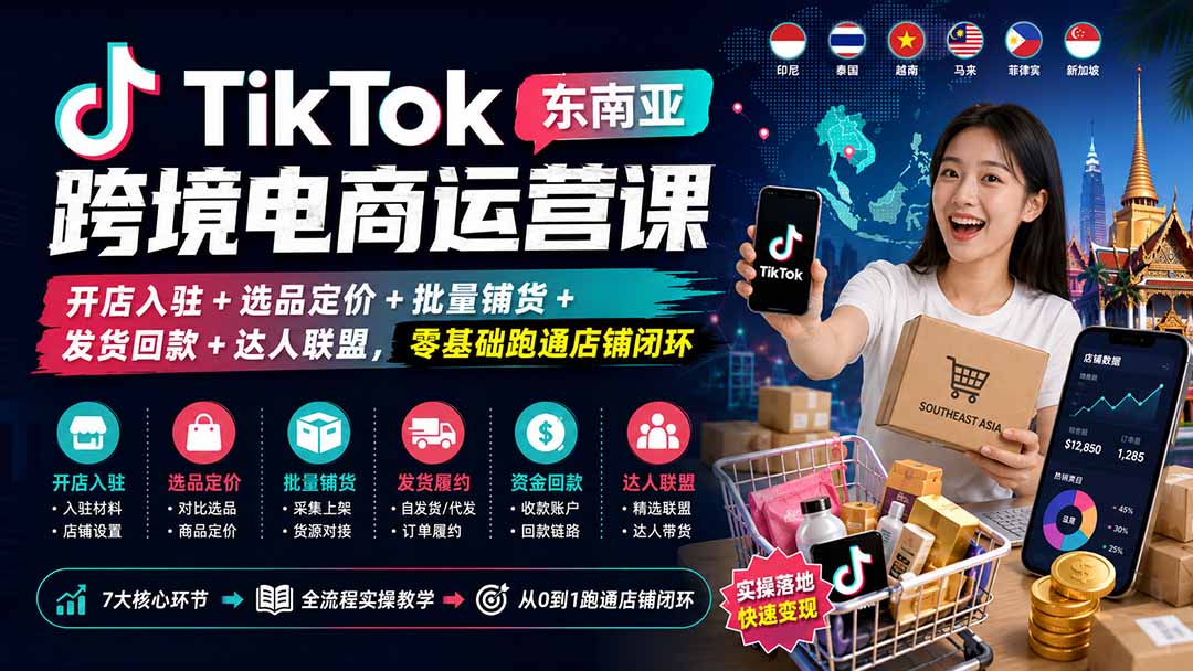 28733bf36be93d0bded6d0110e1fc97a.jpeg TikTok东南亚跨境电商运营课:开店入驻+选品定价+批量铺货+发货回款+达人联盟,零基础跑通店铺闭环