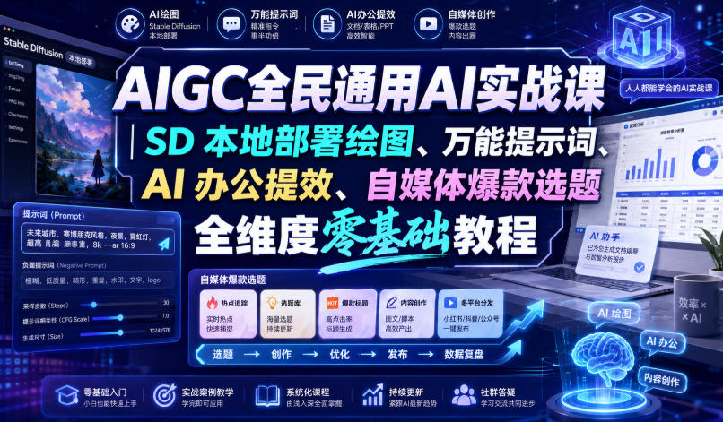 28aa57a03efe5a4b44166d5442d66fb5.jpeg AIGC全民通用AI实战课|SD本地部署绘图、万能提示词、AI办公提效、自媒体爆款选题全维度零基础教程