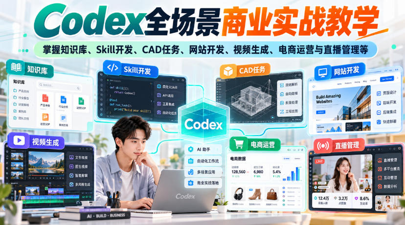 28b50b970d7cbae9b6859486eb852398.jpeg 【无水印】Codex全场景商业实战教学,掌握知识库、Skill开发、CAD任务、网站开发、视频生成、电商运营与直播管理等