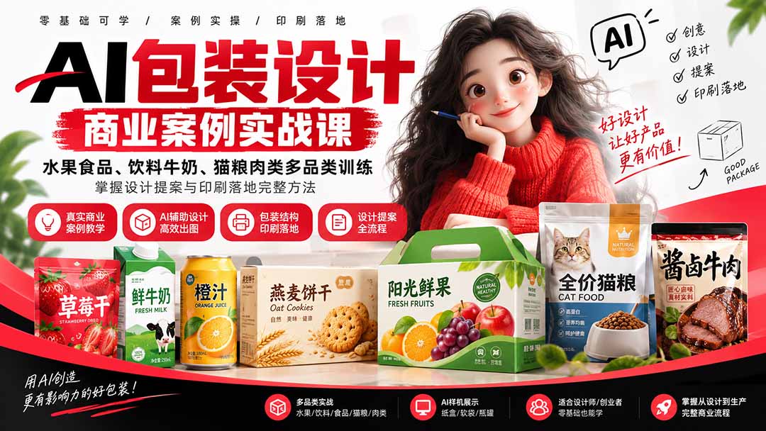 290e2905e5bf65e8b1ff2ac5f2b30145.jpeg AI包装设计商业案例实战课:水果食品、饮料牛奶、猫粮肉类多品类训练,掌握设计提案与印刷落地完整方法