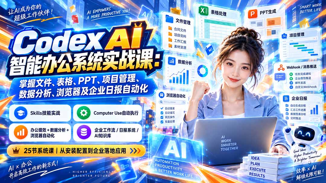 Codex AI智能办公系统实战课：掌握文件、表格、PPT、项目管理、数据分析、浏览器及企业日报自动化-鼎铸网