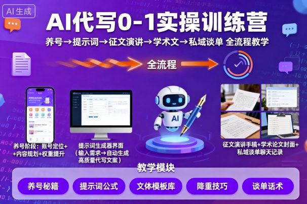 29c4a18e19282133b3277c18f678f3fc.jpeg AI代写0-1实操训练营,从养号、提示词、征文演讲、学术文,到私域谈单的全流程教学