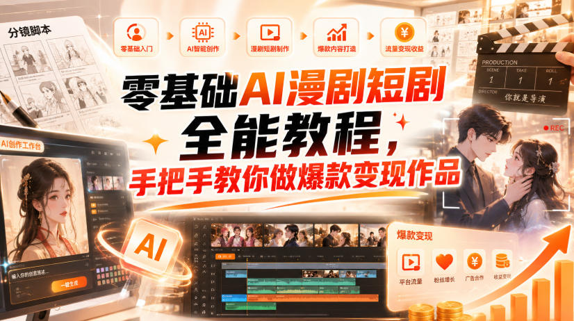 2a721f507b0c41b2b7d5a90526183416.jpeg 零基础AI漫剧短剧全能教程,从AI智能体搭建、文案脚本分镜、多平台AI生视频、剪映精修,覆盖全题材创作,手把手教你做爆款变现作品