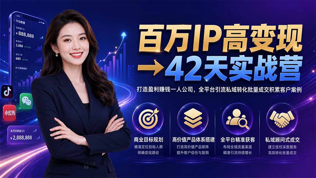 百万IP高变现→42天实战营|打造盈利赚钱一人公司,全平台引流私域转化批量成交积累客户案例-鼎铸网