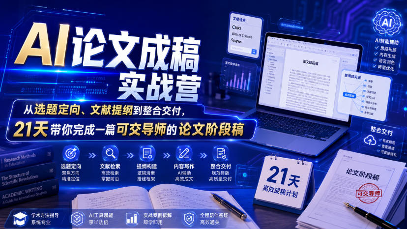 2b2f1102e044655bab247da40c60b984.jpeg AI论文成稿实战营,从选题定向、文献提纲到整合交付,21天带你完成一篇可交导师的论文阶段稿