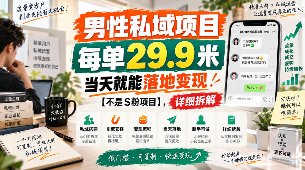男性私域项目,每单29.9米,当天就能落地变现【不是S粉项目】,详细拆解-鼎铸网