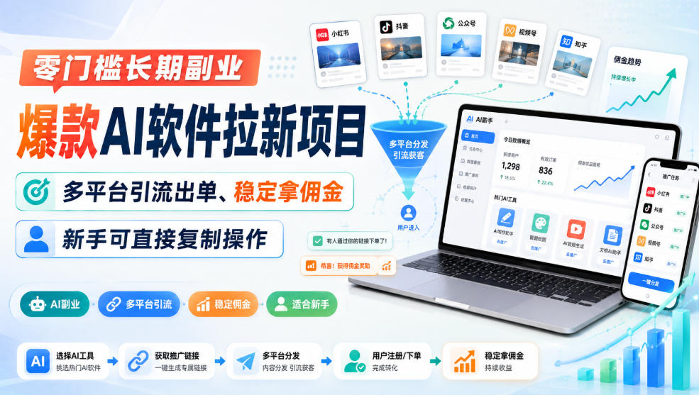 零门槛长期副业，爆款AI软件拉新项目，多平台引流出单、稳定拿佣金，新手可直接复制操作-鼎铸网