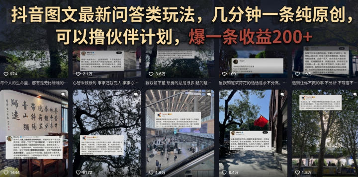 抖音图文最新问答类玩法,几分钟一条纯原创,可以撸伙伴计划,爆一条收益200+-鼎铸网