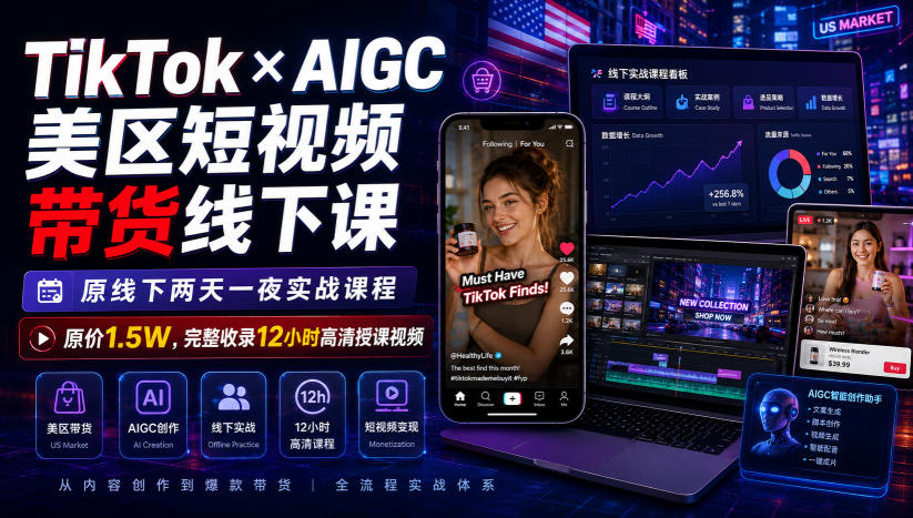 TikTok×AIGC美区短视频带货线下课,原线下两天一夜实战课程,原价1.5W,完整收录12小时高清授课视频-鼎铸网