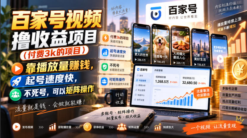 2bff0dc5cd20bc450576e456584cd396.jpeg 百家号视频撸收益项目(付费3k的项目),靠播放量賺钱,起号速度快,不死号,可以矩阵操作