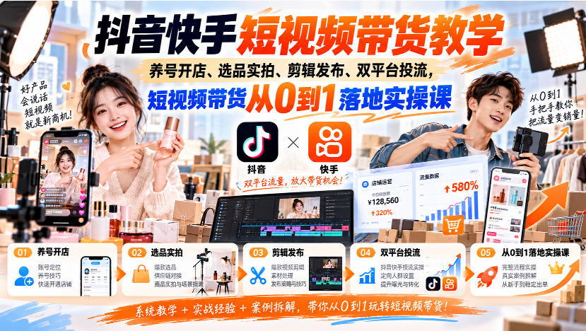 抖音快手短视频带货教学｜养号开店、选品实拍、剪辑发布、双平台投流，短视频带货从0到1落地实操课-鼎铸网